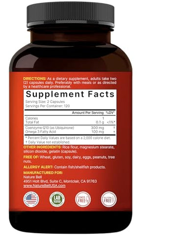 NatureBell - CoQ10 (Ubiquinona) 300mg com Ácidos Graxos Ômega 3, 240 Cápsulas | Fórmula Estável de Alta Absorção – Suporte Antioxidante para o Coração
