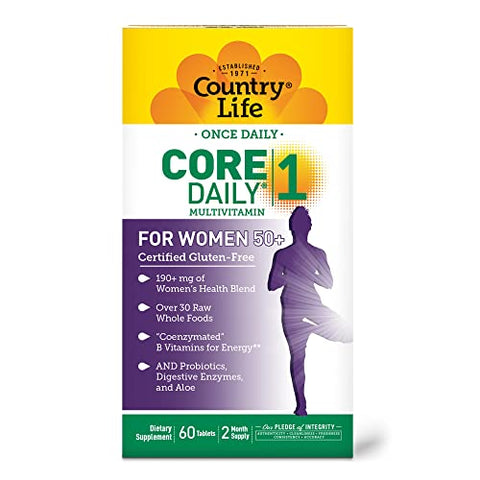 CORE Daily-1 para Mulheres 50 Multivitamínico – Fórmula para Mulheres Acima de 50, Nutrição Diária Completa com Mistura de Saúde Feminina, Vitaminas B Coenzimadas, Probióticos e - Country Life