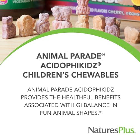Animal Parade AcidophiKidz, Sabor de Frutas Vermelhas – 90 Comprimidos Mastigáveis em Formato de Animais – com Probióticos, FOS - Natures Plus