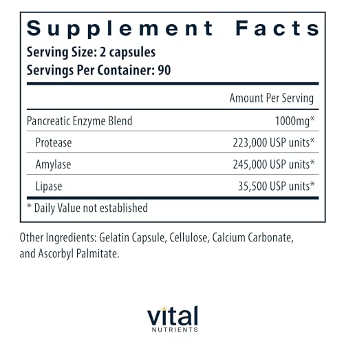Enzimas Pancreáticas 1000mg (Força Total) | Suplemento Digestivo com Pancreatina, Protease, Amilase | 100% Eficaz - Vital Nutrients