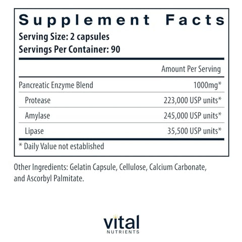 Enzimas Pancreáticas 1000mg (Força Total) | Suplemento Digestivo com Pancreatina, Protease, Amilase | 100% Eficaz - Vital Nutrients