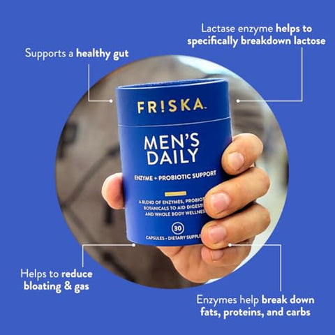 FR!SKA - FRISKA Suplemento Enzimático e Probiótico Diário para Homens, Suporte Natural para Saúde Digestiva Masculina, Alívio de Inchaço, Gases e Indigestão, Promove Saúde Intestinal, Lactase e