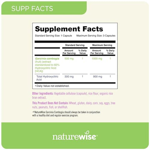 NatureWise - Naturewise Garcinia Cambogia Extrato Natural – Concentração de 60% HCA – Suporte Natural para Metas de Peso e Energia – Vegano, Não-OGM, Livre de Glúten – 90 cápsulas