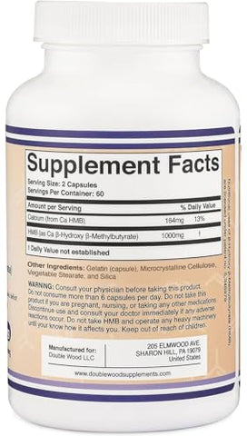 Double Wood Supplements - Suplemento HMB, Testado por Terceiros, Livre de Transgênicos, Sem Glúten, 120 Cápsulas, 1000mg, por Double Wood