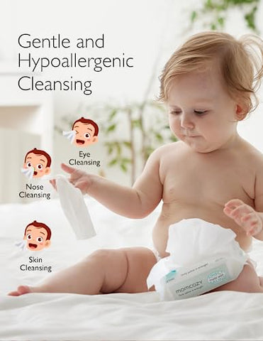 Lenços Umedecidos para Bebê Momcozy Nariz e Rosto com Soro Fisiológico Natural, Suaves e Não Irritantes, 100% Biodegradáveis, Sem Fragrância