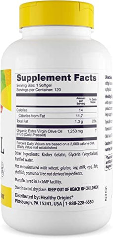 Óleo de Oliva Healthy Origins, 1250 mg – Suplemento para Saúde do Coração com Óleo de Oliva Extra Virgem Orgânico e Prensado a Frio – Suplementos Livres de Glúten para Homens
