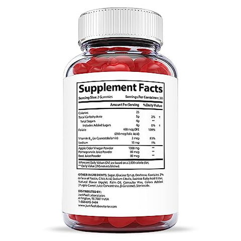 Justified Laboratories - Luxe Keto ACV Gummies 1000MG com Suco de Romã, Beterraba e Vitamina B12 – 60 Gummys (180 Unidades) |