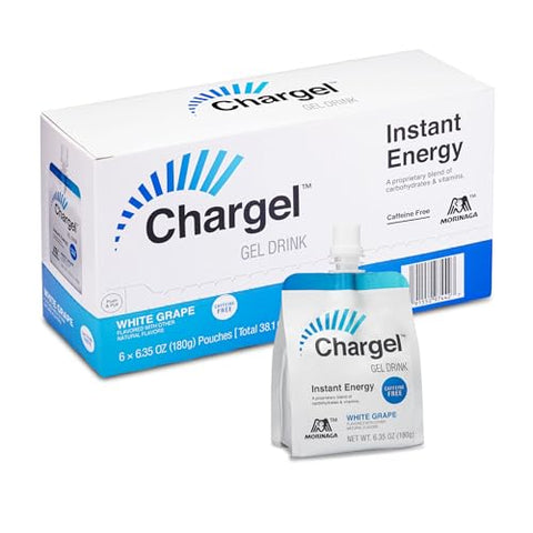 Chargel - Gel Energético Instantâneo de Uva Branca, Sem Cafeína, para Corrida, Ciclismo, Treino, Caminhada e Resistência | Carboidratos Vitaminas | Sem Glúten – Pacote com 6 Sachês – 180g Cada