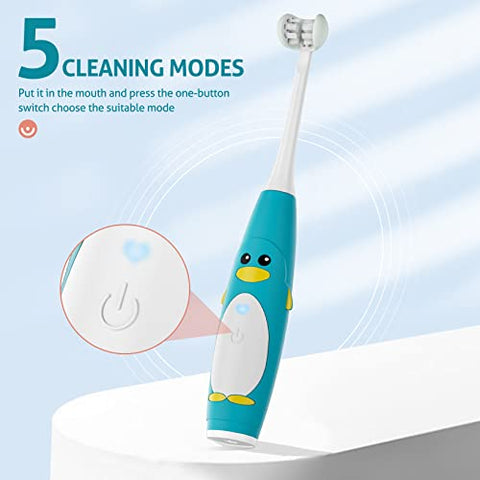 Escova de Dentes Elétrica Infantil 3 Lados, Escova de Dentes Sônica para Crianças com 2 Cabeças de Escova, Temporizador Inteligente 5 Ajustes, À Prova d’Água IPX7, Cabo USB - RAZOKO