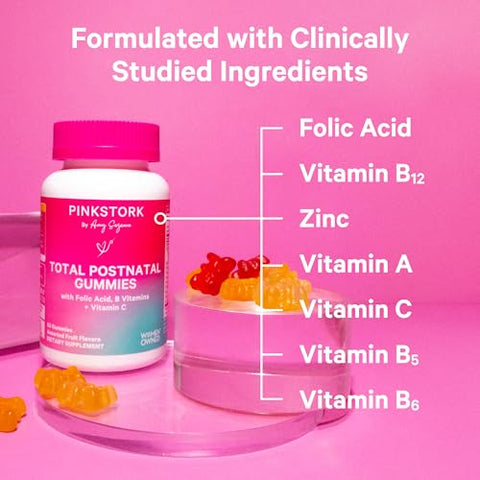 Gomas Vitamínicas Pós-Parto Total – Recuperação Pós-Parto e Suporte à Lactação – Ácido Fólico, B6 - Pink Stork