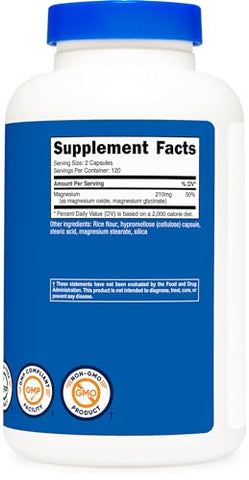 Magnésio Regular Strength (210mg, 240 Cápsulas) – 120 Porções, Óxido de Magnésio e Glicinato de Magnésio, Não-OGM, Sem Glúten, Amigável para Veganos - Nutricost