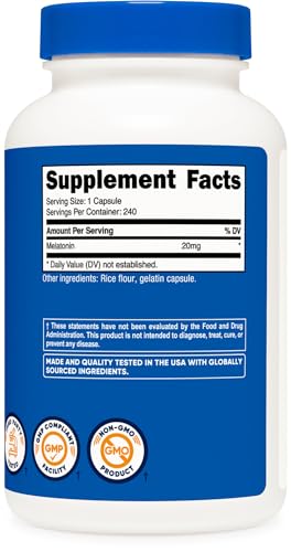 Melatonina 20mg, 240 Cápsulas, Sem OGM – Compre Agora! - Nutricost