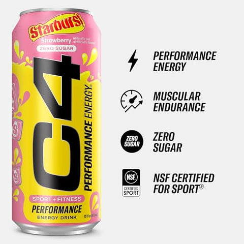 Cellucor - C4 Performance Energy Drink, STARBURST™ Morango, Bebida Pré-Treino Gaseificada Sem Açúcar e Corantes Artificiais (Pack com 12 unidades de 473 ml)