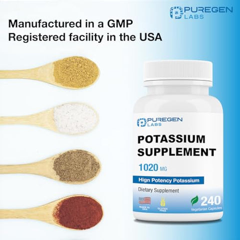 P Puregen Labs - Suplemento de Bicarbonato de Potássio Puregen Labs 1020 mg | Livre de Transgênicos | Sem Glúten | Fabricado nos EUA | 240 Cápsulas Vegetarianas