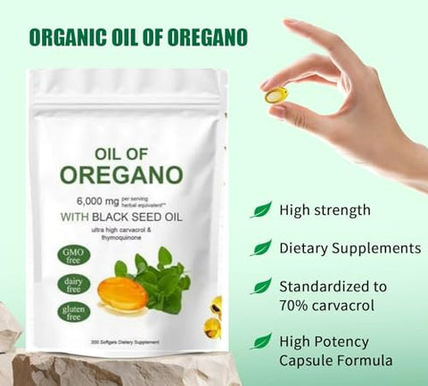 podafu - Óleo de Orégano Softgels, 300 Cápsulas Softgels de Suplemento de Óleo de Orégano, 2 em 1 Formulado com Óleo de Semente Negra 200mg, Não-OGM
