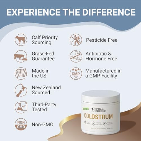 Optimal Carnivore - Pó de Colostro Bovino sem Sabor, Rico em Gramas de Colostro para Saúde Intestinal e Suporte Imunológico