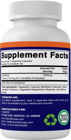 L-Carnitina Fumarato 1000 mg – 120 Cápsulas Vegetais | Energia e Metabolismo | Vitamatic - Vitamatic