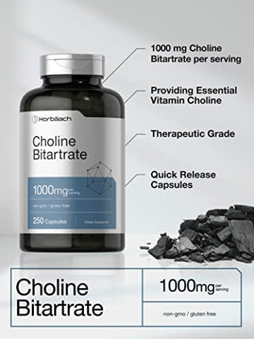 Horbäach - Horbaach Choline Bitartrate | 1000mg | 250 Cápsulas | Alta Potência | Livre de Transgênicos e Glúten