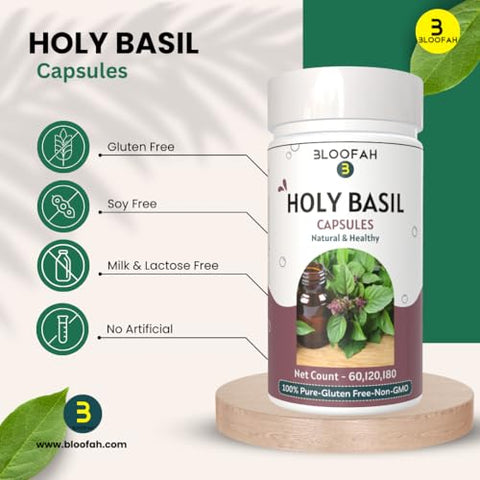 Bloofah - Cápsulas de Manjericão Sagrado 5000mg – 180 Unidades | Extrato em Pó de Folha de Manjericão Sagrado (Ocimum tenuiflorum) 10:1 | Suplemento Herbal Puro 100% | Fórmula Livre de Transgênicos e Glúten