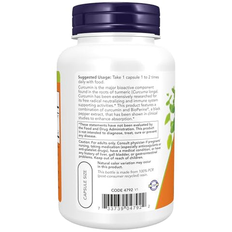 NOW Foods - NOW Supplements, Curcuma Turmeric with BioPerine, Support for the Immune System, Standardized to 95% Curcuminoids, Enhanced Absorption*, 90 Veg Capsules
