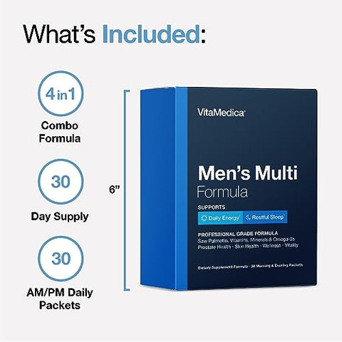 Multivitamínico Masculino com Suporte para a Saúde da Próstata | Vitaminas, Minerais, Ômega 3 e Saw Palmetto | Caixa com 30 Pacotes Diários | Energia Natural e Sono Repousante - VitaMedica