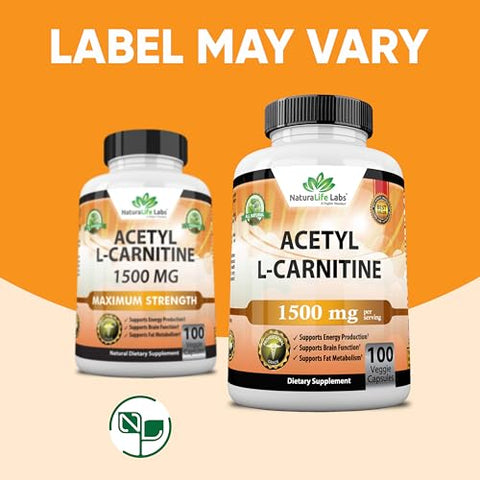 NaturaLife Labs A Higher Standard - Acetyl L-Carnitina 1.500 mg Alta Potência Suporta Produção Natural de Energia, Nutrição Esportiva, Suporta Memória/Foco – 100 Cápsulas Vegetais
