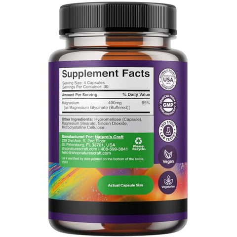 Natures Craft - Magnésio Glicinato Puro 400mg por Porção – Cápsulas Veganas de Magnésio Glicinato Quelado de Alta Absorção para Mulheres