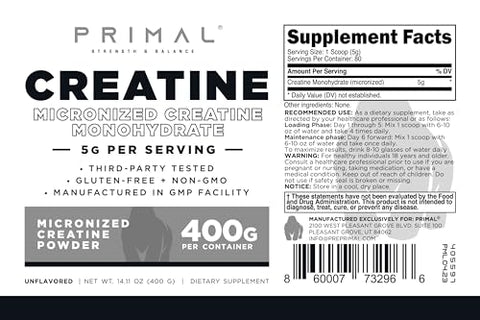 Creatine Monohydrate em Pó (400g) | Suplemento de Desenvolvimento Muscular Micronizado para Pré-Treino - Primal