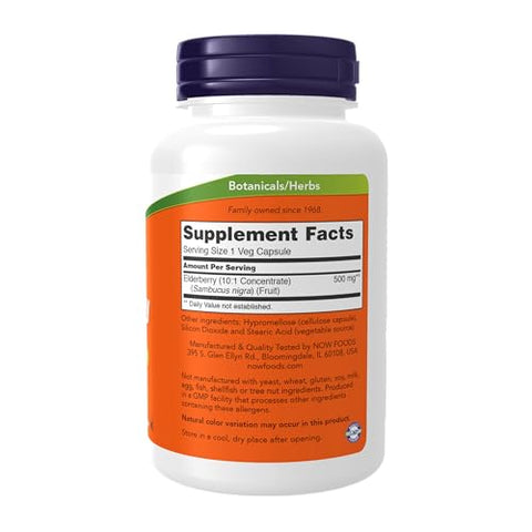 Suplementos, Sabugueiro (Sambucus nigra) 500 mg, Concentrado 10:1, 120 Cápsulas Vegetais - NOW Foods