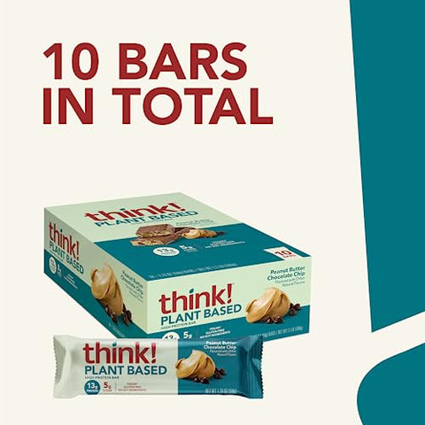 THINK - think! Barras Veganas/à base de plantas de alta proteína – Manteiga de Amendoim com Gotas de Chocolate, 13g Proteína, 5g Açúcar, Sem Adoçantes Artificiais, Verificado pelo Projeto Non GMO, 10 Unidades (Embalagem pode variar)