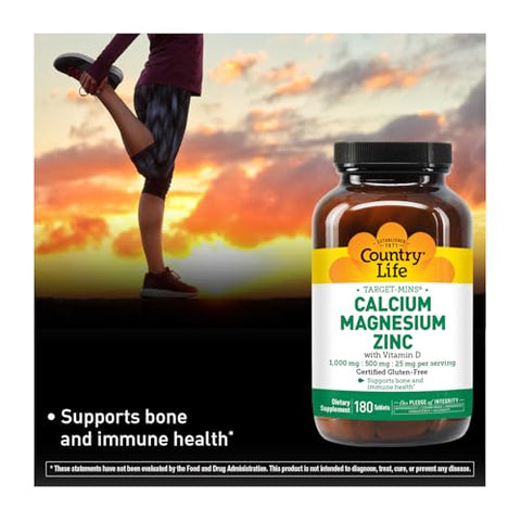 Calcium Magnesium Zinc com Vitamina D3 e Ácido L-Glutâmico, Suplemento Dietético para Suporte Ósseo, Certificado Livre de Glúten e Vegano, 1000mg/500mg/25mg, 180 Comprimidos - Country Life