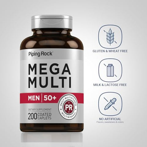 Mega Men 50 Plus | Multivitamínico para Homens 50+ | 200 Comprimidos | Multivitaminas Mega Men | Diário | Sem OGM, Sem Glúten | Frete Grátis - Piping Rock