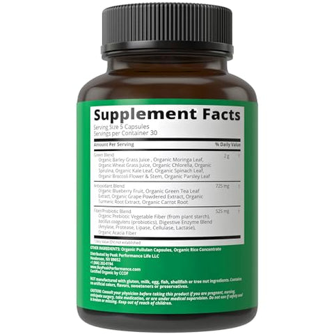 Peak Performance - Super Greens Orgânicos 150 Cápsulas – Suplemento de Suco Verde Superfood com 25 Ingredientes Orgânicos Naturais. Máxima Energia e Desintoxicação com Comprimidos Super Food de Spirulina, Espinafre