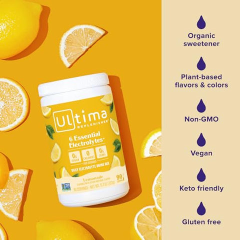 Mistura Diária de Bebida Eletrolítica de Limonada, 90 Porções – Pó Hidratante com 6 Eletrólitos Essenciais - Ultima Replenisher