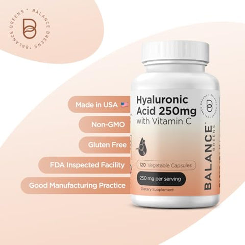 Balancebreens - Suplemento de Ácido Hialurônico Puro 250mg com Vitamina C 50mg – 120 Cápsulas Veganas – Hidratação da Pele para um Brilho Natural – Suplemento Puro de AH com Cabelos, Unhas e Ossos