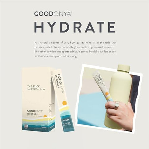 Hydrate: Pó Eletrolítico Orgânico em Sachês de Viagem, 12 Unidades – Minerais, Suco de Limão Natural, Sal Rosa do Himalaia, Estévia, Água de Coco, Paleo, Baseado em Plantas, Sem Açúcar - GOODONYA