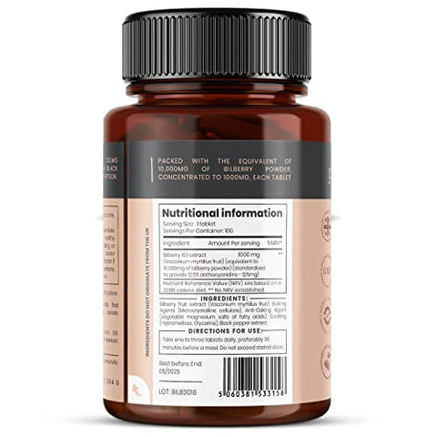 pureclinica - Bilberry Extract 10.000mg x 360 Comprimidos (2 Frascos) – 10X Mais Antocianidinas por Comprimido do que a Maioria dos Outros – e Extrato de Pimenta Preta 5mg para Absorção Aumentada em 300%%