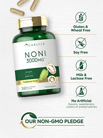 Cápsulas de Fruta Noni 3000mg | 240 Unidades | Livre de Transgênicos, Sem Glúten | Suplemento Herbáceo Tradicional - Carlyle