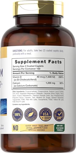 Calcium 1200mg com Vitamina D3 | 300 Cápsulas | Sem GMO, Sem Glúten e Vegetariano - Carlyle