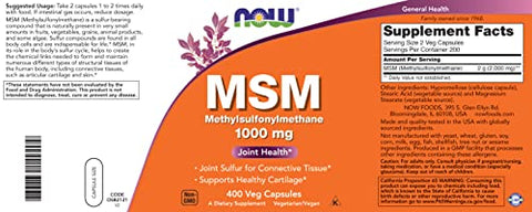 NOW Foods - Now MSM 1000mg Veg Capsules, 400 Contagem Methyl-Sulphonyl-Methane, Fabricado nos EUA, Suplemento de Enxofre, Saúde das Articulações, Não-OGM, Amigável para Veganos Vegetarianos