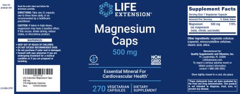 Magnesium Caps 500mg – 270 Cápsulas Vegetarianas de Amplo Espectro – 3 Mags em 1 Suplemento: Óxido, Citrato, Succinato - Life Extension