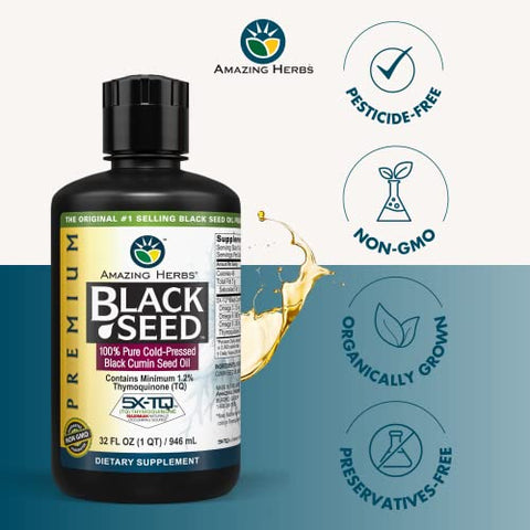 Óleo de Semente de Cominho Preto Premium Amazing Herbs – Extração a Frio de Nigella Sativa Auxilia na Saúde Digestiva, Suporte Imunológico, Função Cerebral, Mobilidade Articular – Sem Glúten, Não Transgênico – 946 ml