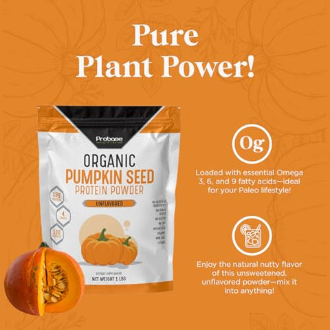 Probase Nutrition - Proteína em Pó de Semente de Abóbora Orgânica, Vegana, Sem Sabor, Sem Açúcar Adicionado, Livre de Glúten e Soja, Amigável para Paleo e Keto, 454g – Extraído a Frio