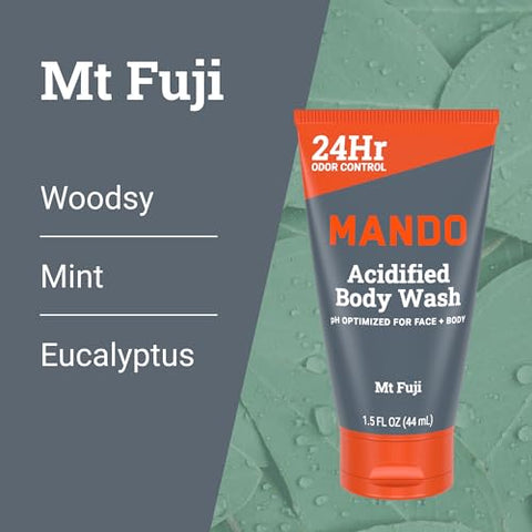 Mini Body Wash – Controle de Odor 24 Horas – Remove Odor Melhor que Sabonete – Tubos de 1,5 Ounce (Embalagem com 4, em 4 fragrâncias: Bourbon Leather, Pro Sport, Mt Fuji, Sem Fragrância) | Mando - Mando
