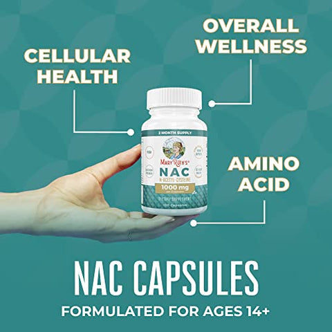 Cápsulas de Suplemento Nutricional, N-Acetil Cisteína, 2 Meses de Fornecimento, NAC 1000mg por Porção, Vegano, Não-OGM, Sem Glúten, 120 Unidades - MaryRuth Organics