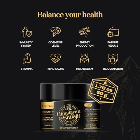 Laurenza - Shilajit Puro Orgânico do Himalaia, Resina 50g, Alta Potência 800mg, Grau A Dourado, 85 Minerais Traços