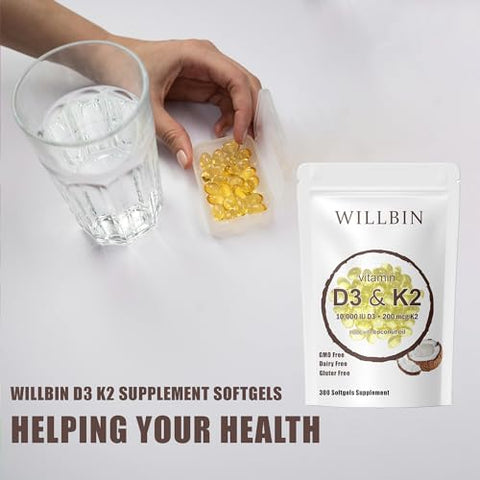 Willbin - Suplemento Softgel Vitamina D3 K2 2 em 1, 10000 UI Vit D3 200 MCG Vitamina K2, Livre de GMO, Glúten, Soja, Saúde Óssea, Suporte à Saúde Cardiovascular, Auxilia na Absorção de Cálcio