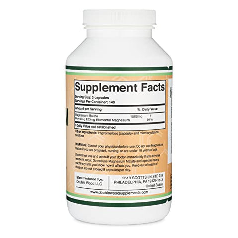 Double Wood Supplements - Cápsulas de Magnésio Malato (420 Unidades) – 1.500mg por Porção (Magnésio Ligado ao Ácido Málico), Testado por Terceiros, Amigável para Veganos, Livre de Glúten por
