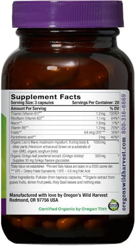 Oregon's Wild Harvest - Oregon’s Wild Harvest Lion’s Mane Plus Brain – Potente Estimulante Cerebral com Extrato de Cogumelo do Leão (60 cápsulas)