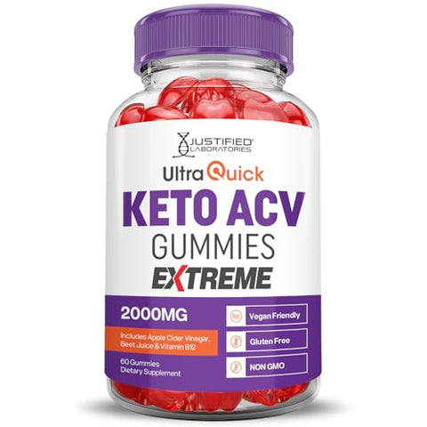 Justified Laboratories - Ultra Quick Keto ACV Gummies Extreme 2000MG – Gomas Ultraquick Keto de Vinagre de Maçã Formuladas com Pó de Romã e Beterraba, Vitamina B12, Veganas, Não Transgênicas – 60 Gomas